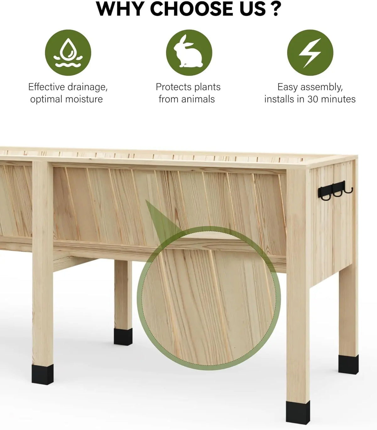 Wood Raised Garden Planter Box With Hooks For Home Gardening