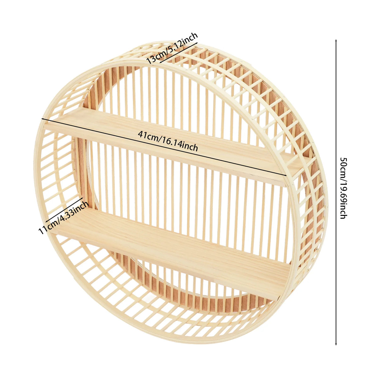 Round Two Tier Bamboo Wall Shelf For Home Display Storage