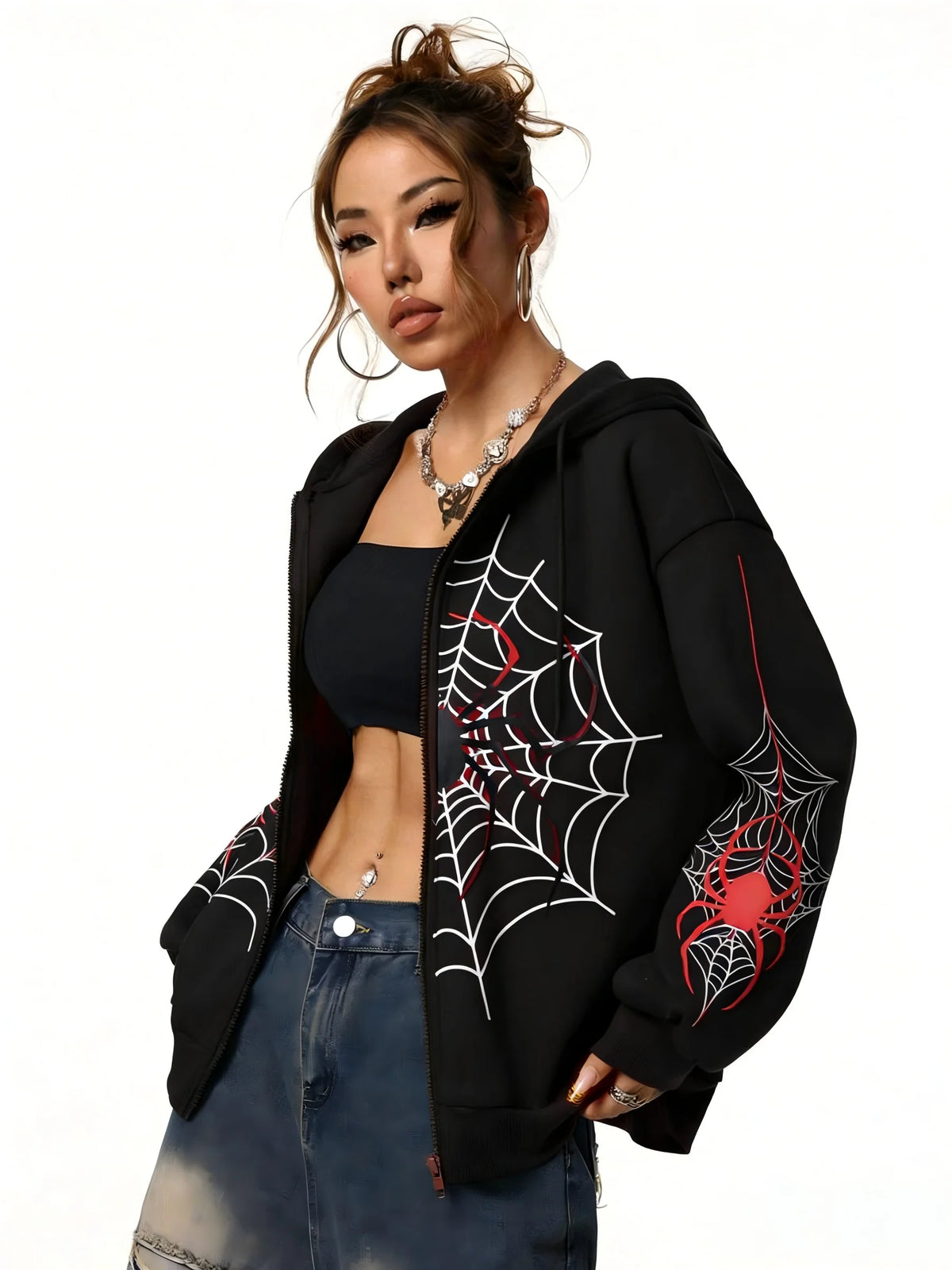Spider Web Print Unisex Zip Up Hoodie Soft Casual Knit