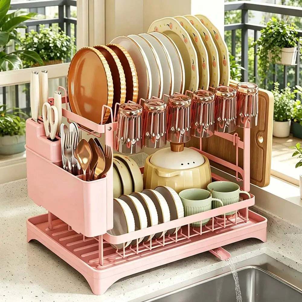 Stainless Steel Dish Drying Rack With Drainboard And Utensil Organizer