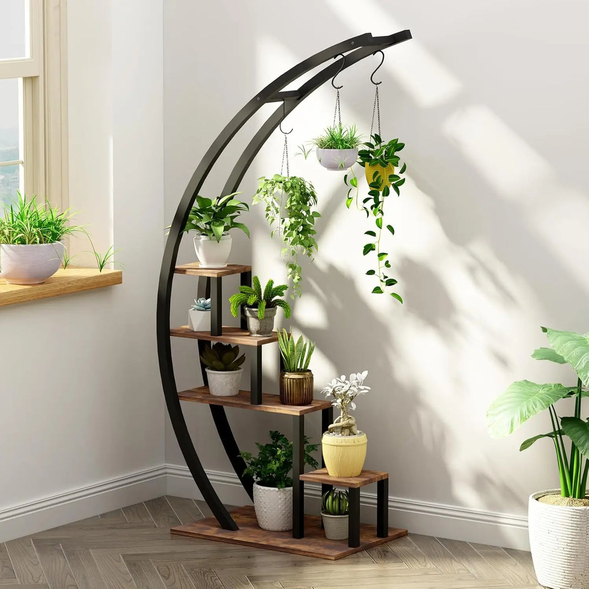 TWISTER.CK Metal Five Tier Plant Stand With Hanging Hooks