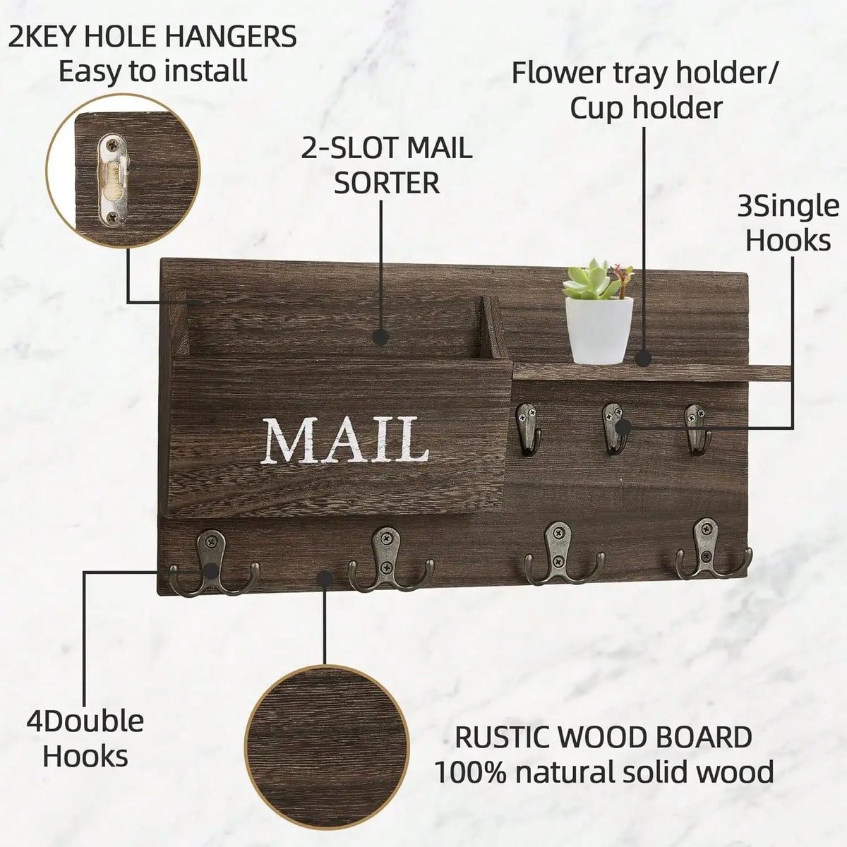 Wooden Wall Mount Key Holder With Storage Shelf And Hooks