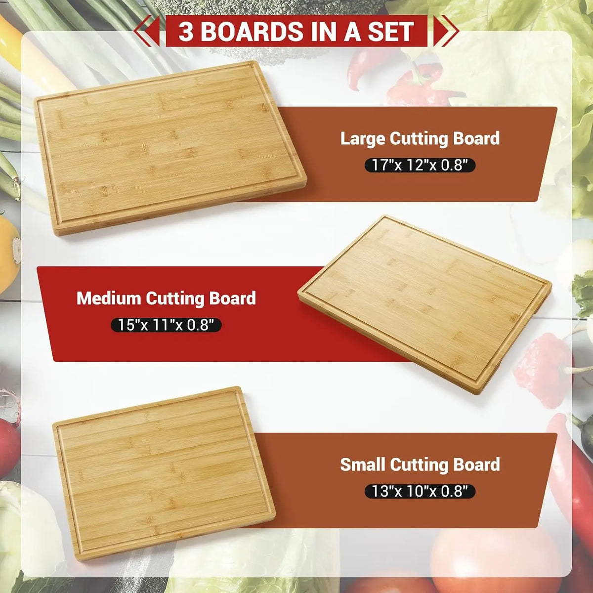 Natural Bamboo Cutting Boards Set With Juice Grooves And Stand
