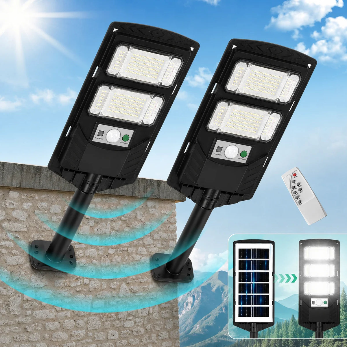 2Pack Solar Street Lights Outdoor Waterproof LED Automatic Remote Dimmable