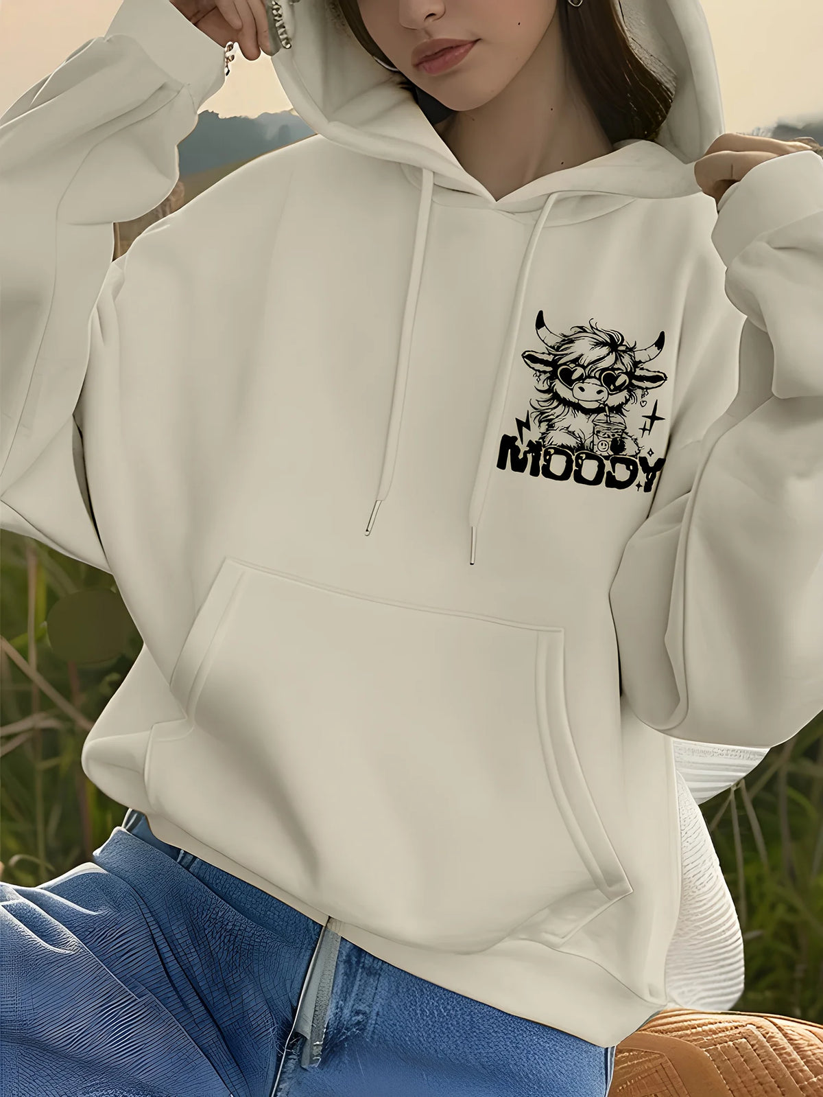 Women's Cotton Cartoon Cow Print Hoodie Pullover Sweatshirt