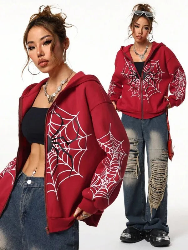Spider Web Print Unisex Zip Up Hoodie Soft Casual Knit