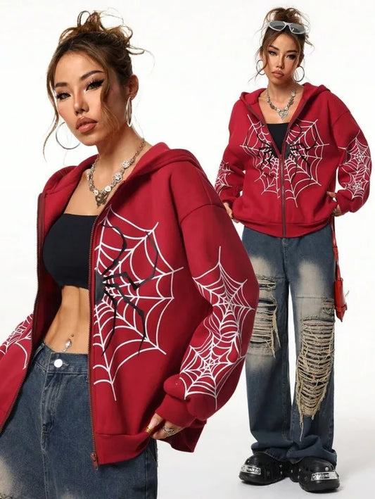 Spider Web Print Unisex Zip Up Hoodie Soft Casual Knit