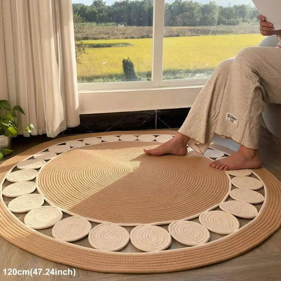 Handwoven Bamboo Fiber Area Rug With Boho Geometric Pattern