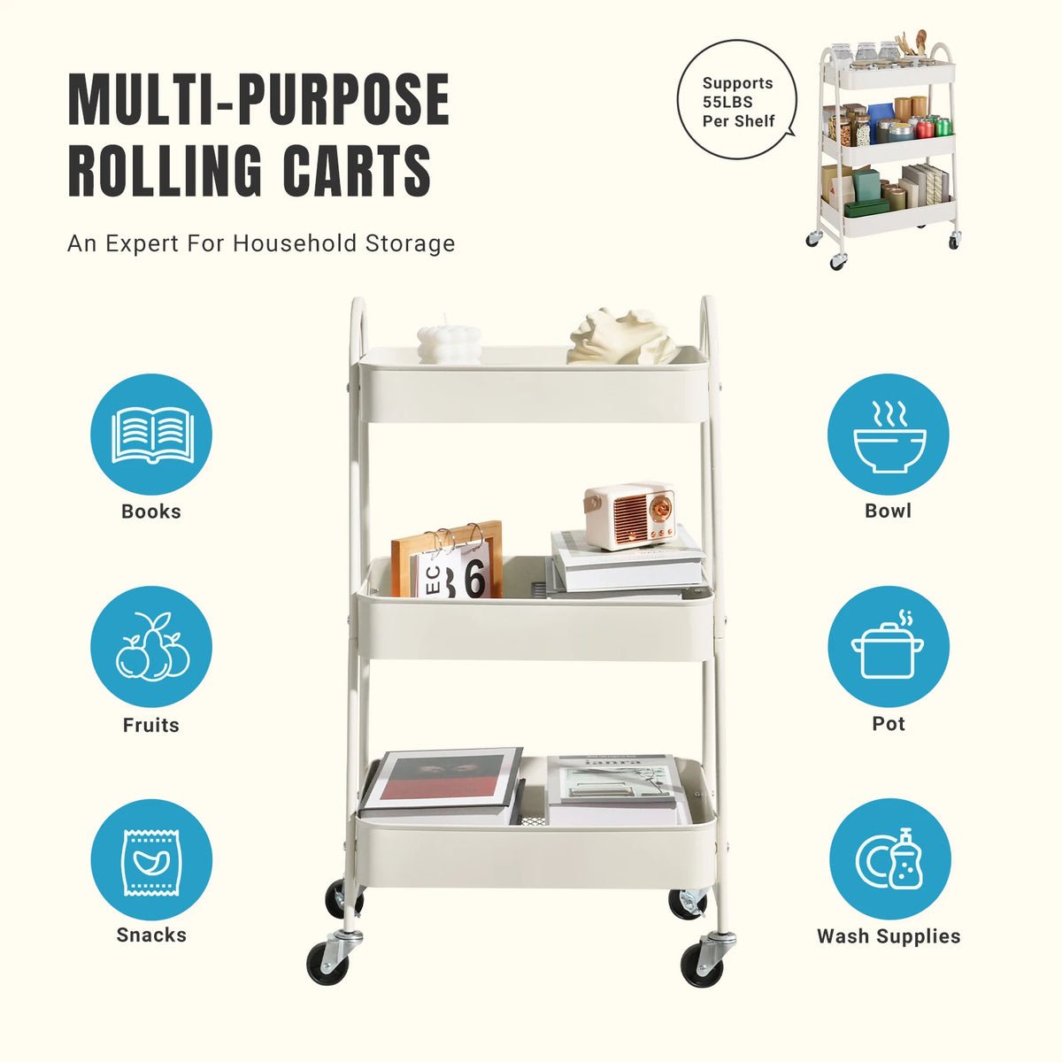 Jhk 3 Tier Rolling Storage Cart With Lockable Wheels