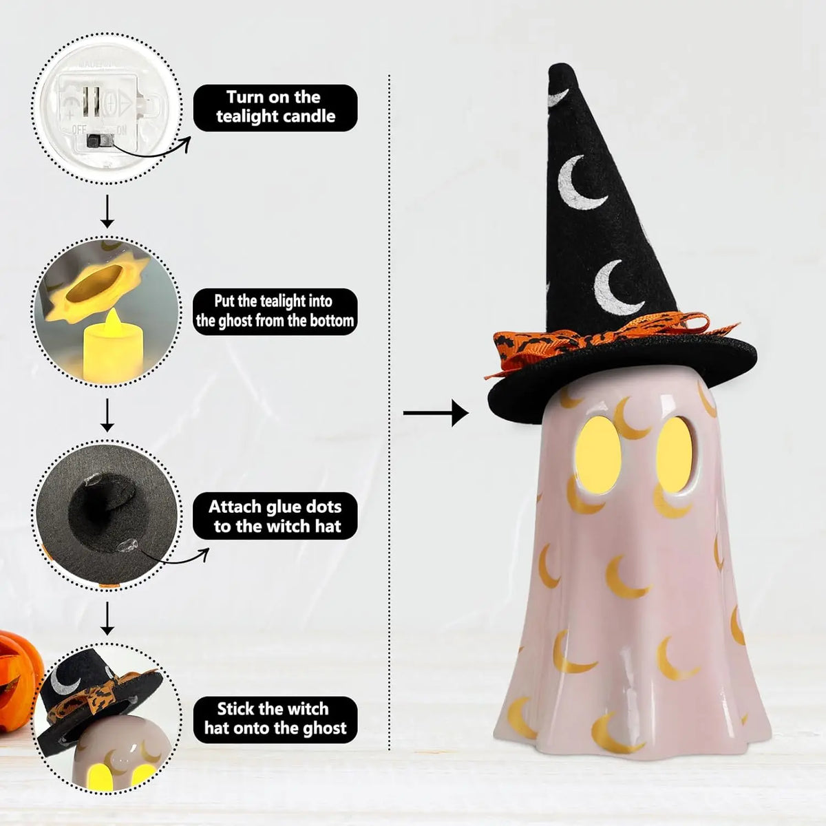 Ceramic Ghost Figurines With Witch Hats For Halloween Decor