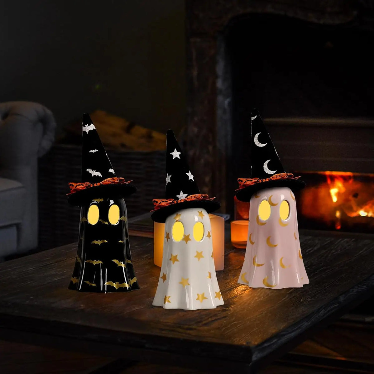 Ceramic Ghost Figurines With Witch Hats For Halloween Decor