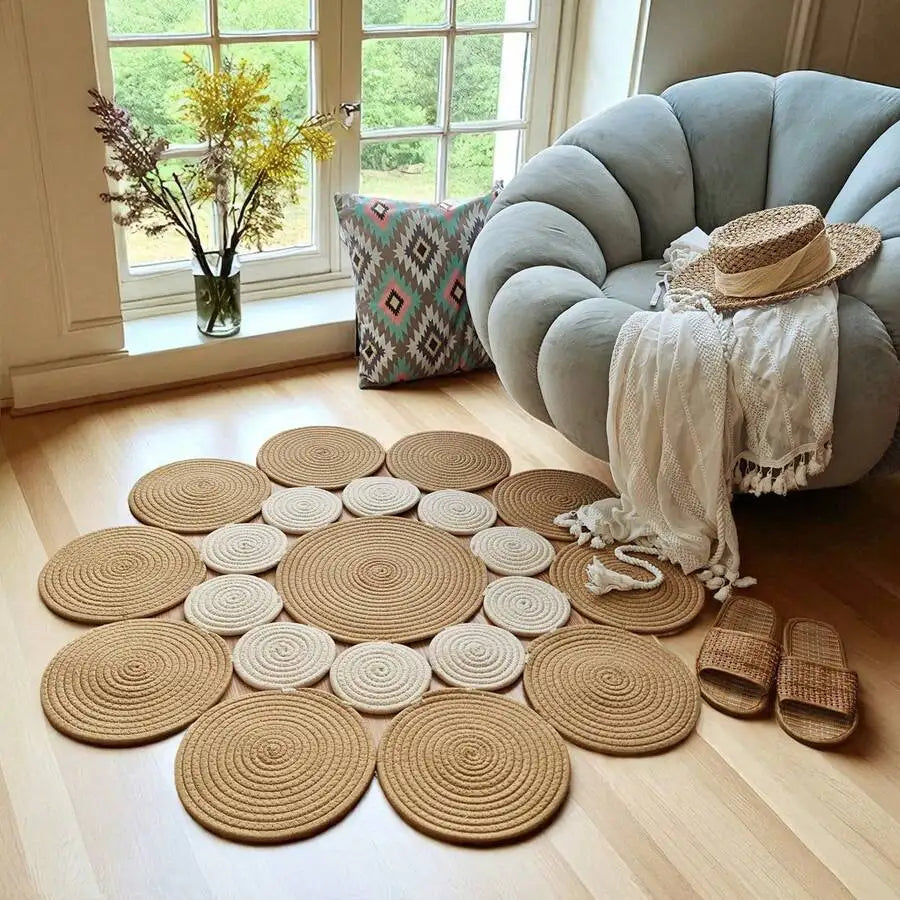 Handwoven Bamboo Fiber Area Rug With Boho Geometric Pattern