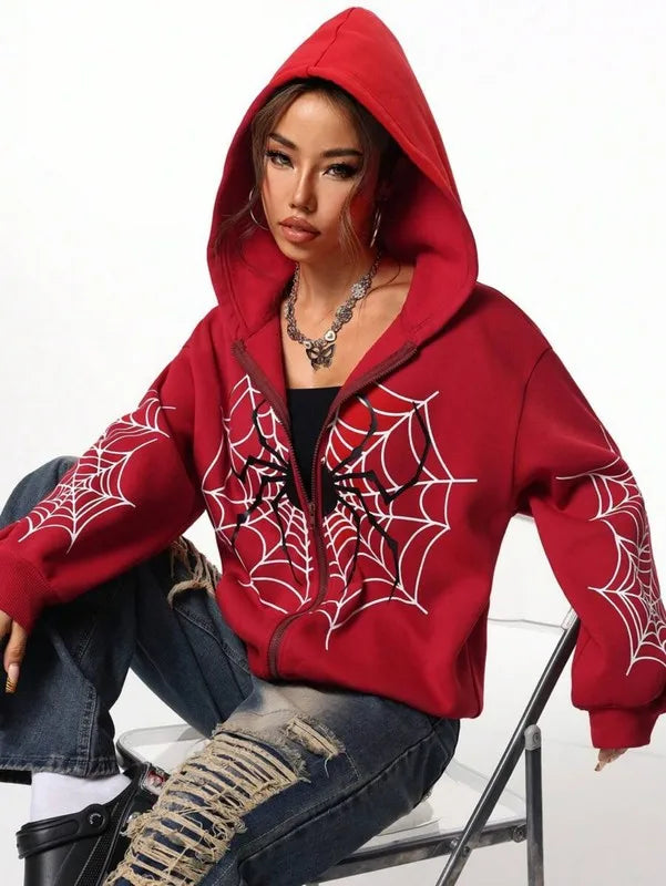 Spider Web Print Unisex Zip Up Hoodie Soft Casual Knit