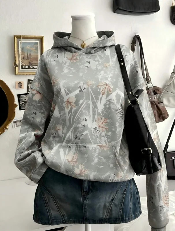 Women Retro Maple Leaf Print Hoodie Long Sleeve Pullover