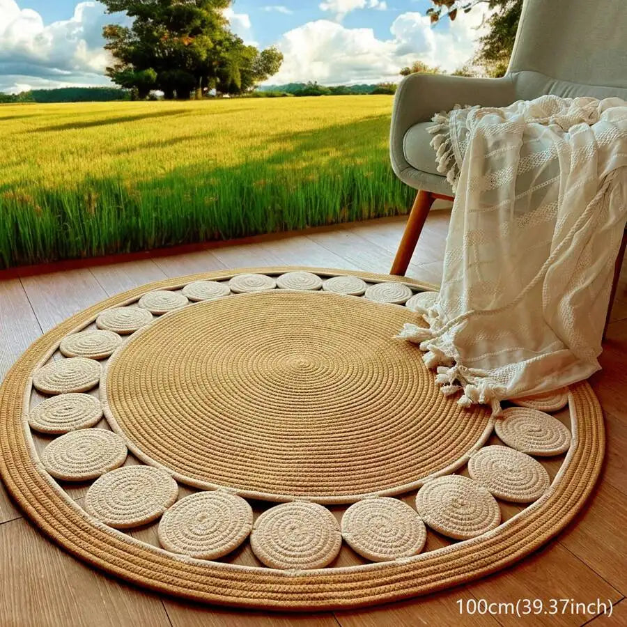 Handwoven Bamboo Fiber Area Rug With Boho Geometric Pattern
