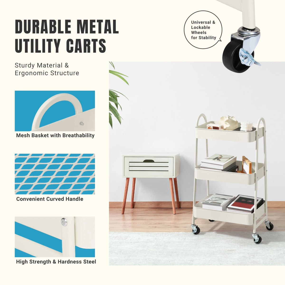Jhk 3 Tier Rolling Storage Cart With Lockable Wheels