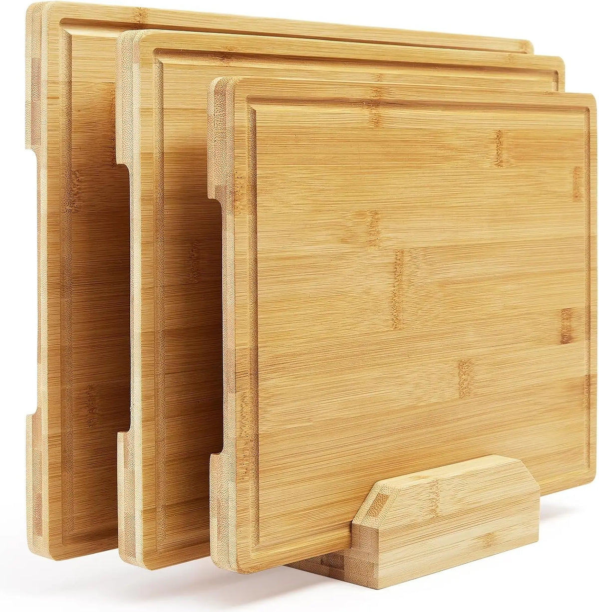 Natural Bamboo Cutting Boards Set With Juice Grooves And Stand
