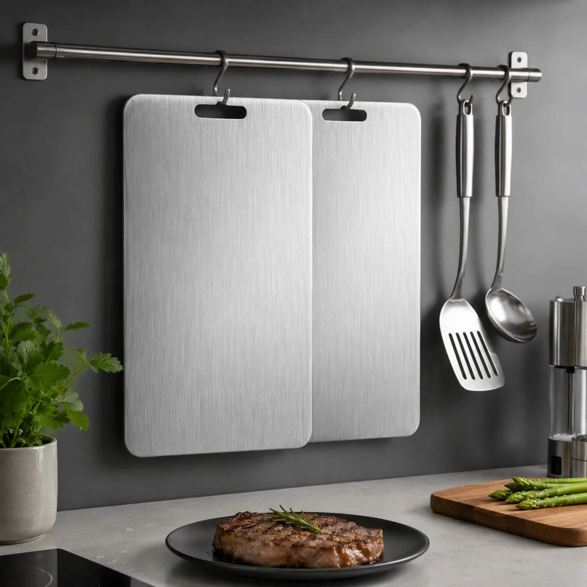 Titanium Reversible Kitchen Cutting Board Set With Hanging Hole