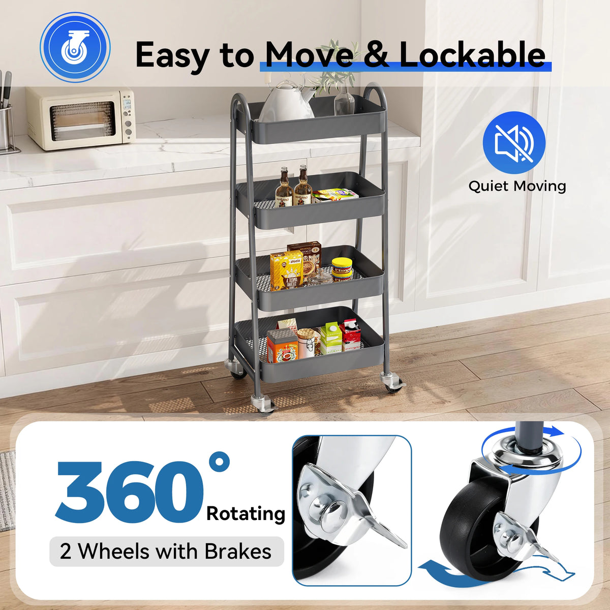 JHK Four Tier Metal Rolling Storage Cart With Lockable Wheels