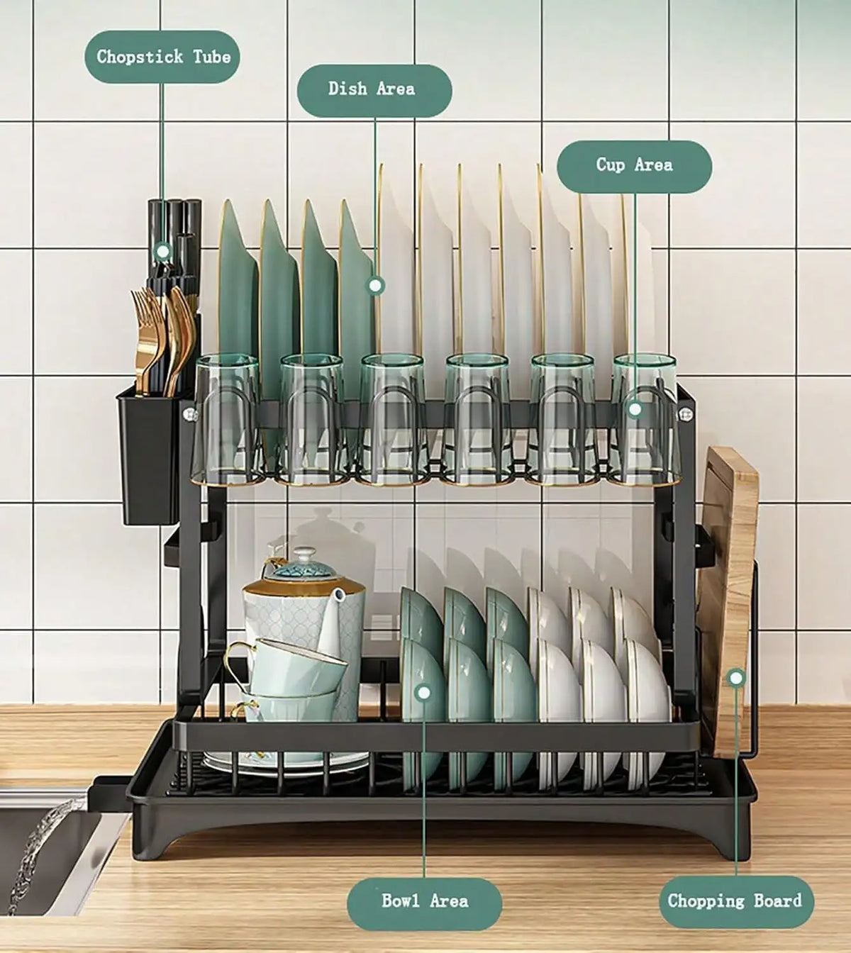 Stainless Steel Dish Drying Rack With Drainboard And Utensil Organizer