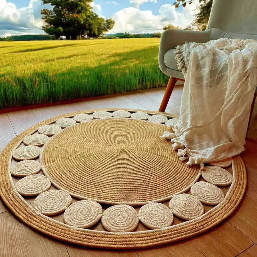 Handwoven Bamboo Fiber Area Rug With Boho Geometric Pattern