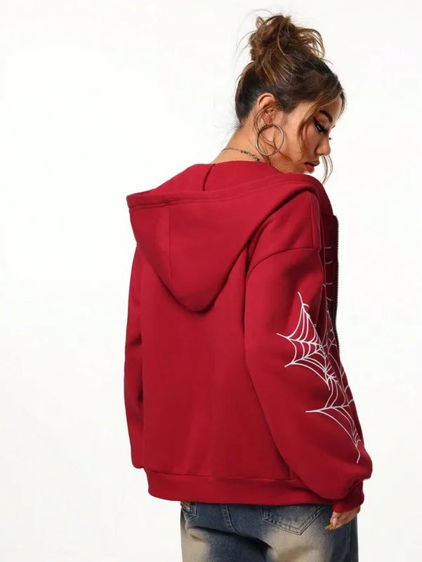 Spider Web Print Unisex Zip Up Hoodie Soft Casual Knit