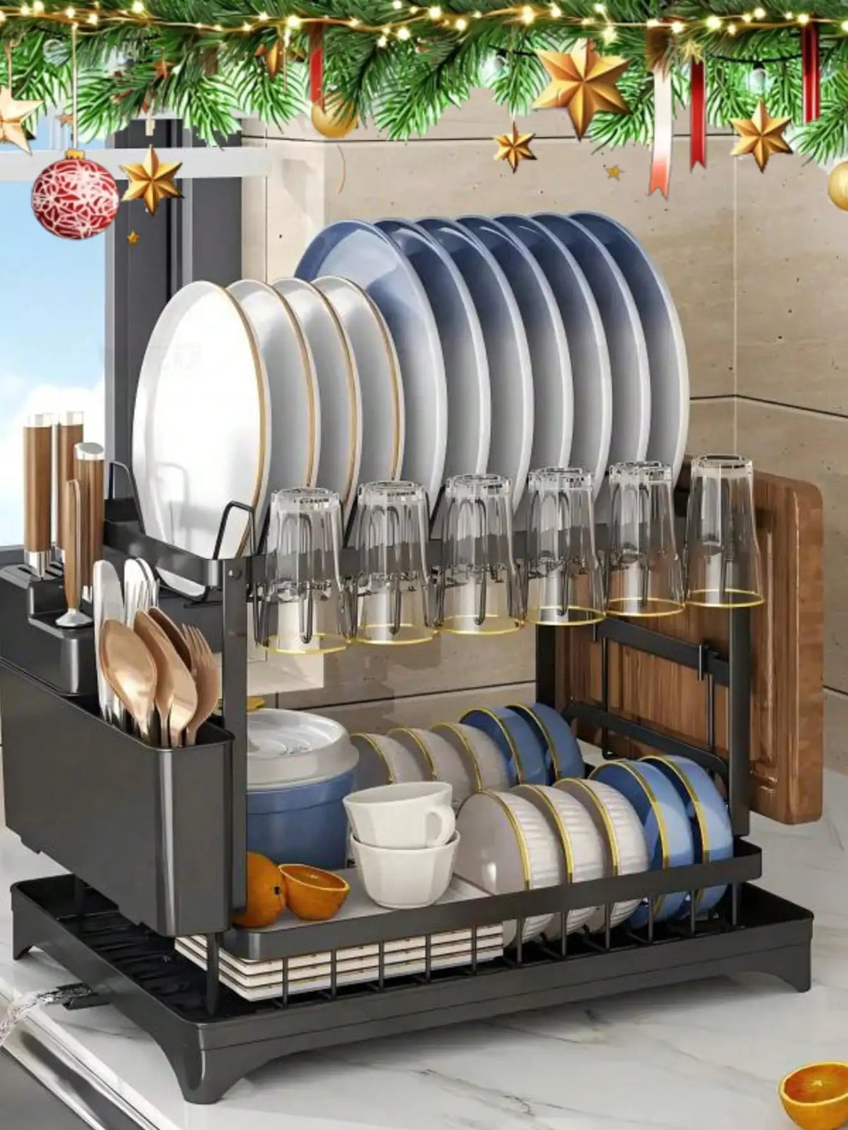 Stainless Steel Dish Drying Rack With Drainboard And Utensil Organizer
