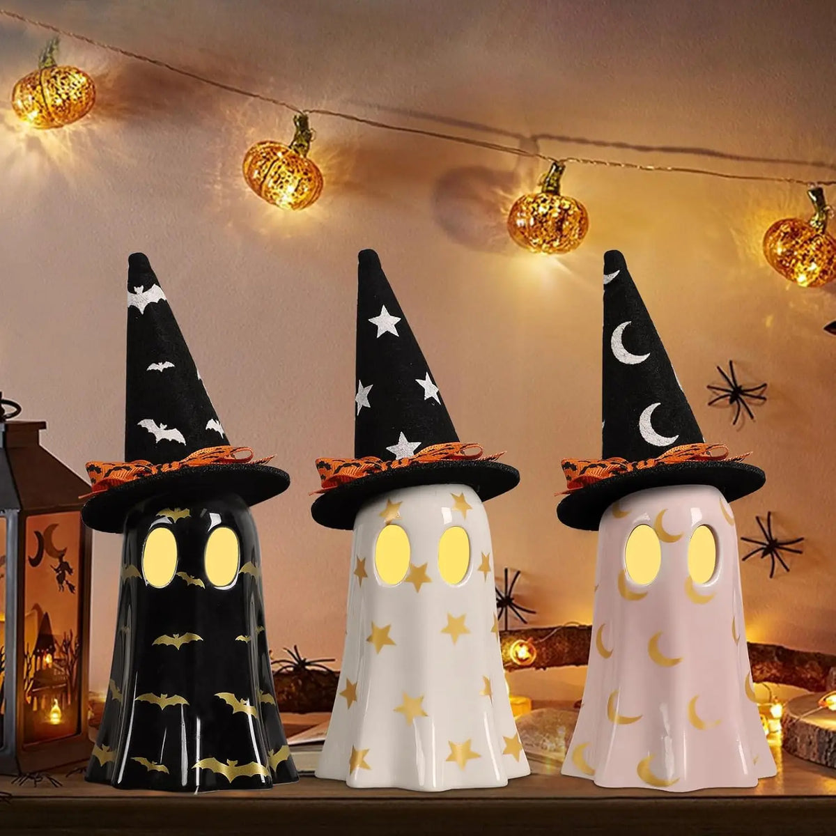 Ceramic Ghost Figurines With Witch Hats For Halloween Decor