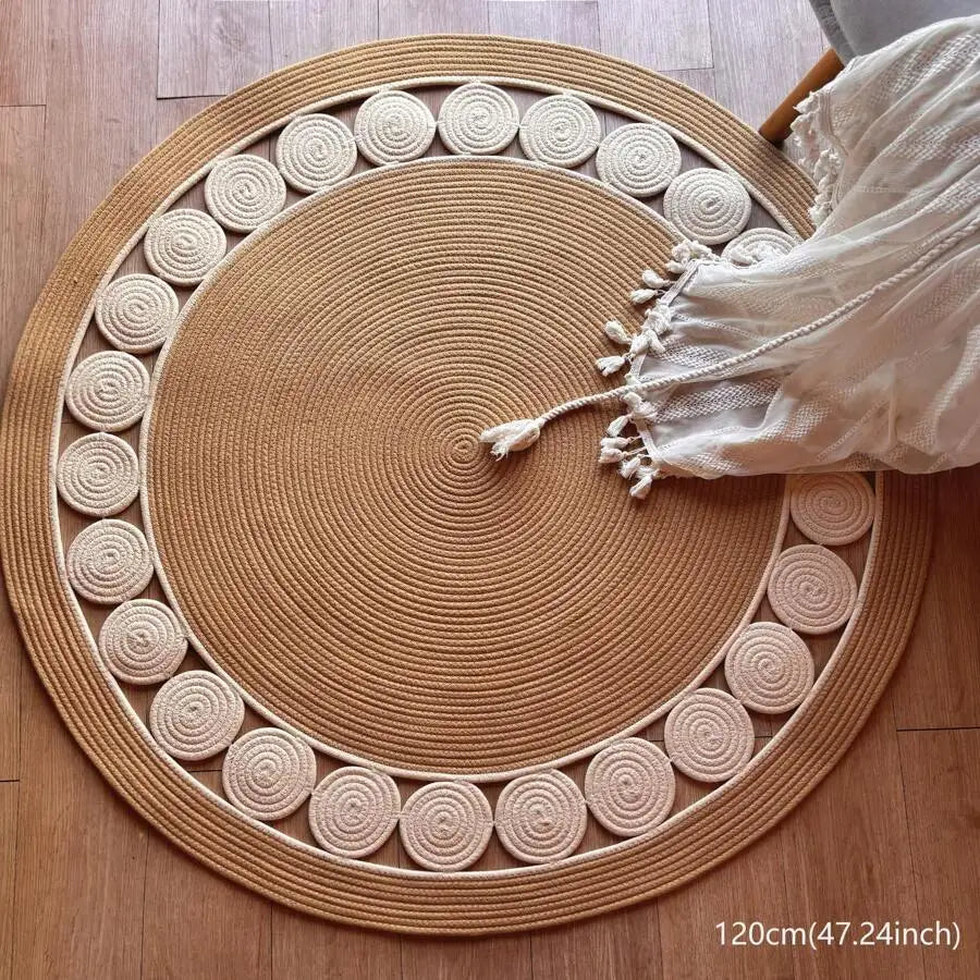 Handwoven Bamboo Fiber Area Rug With Boho Geometric Pattern