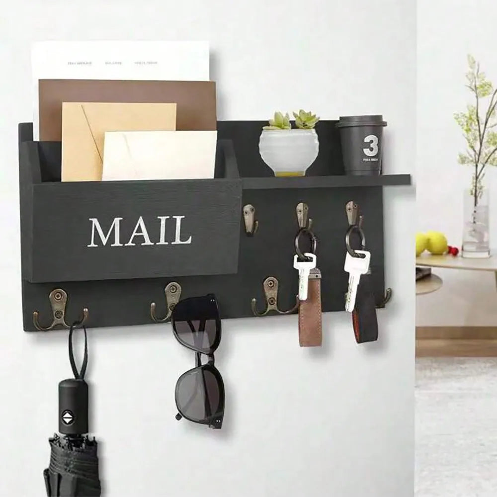 Wooden Wall Mount Key Holder With Storage Shelf And Hooks