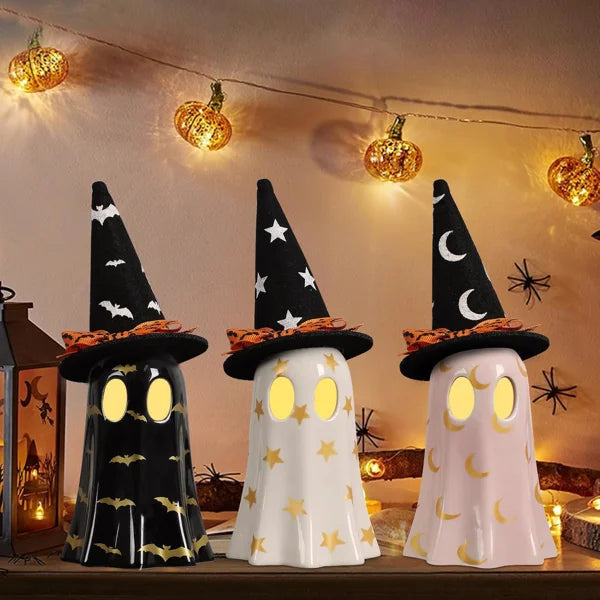 Ceramic Ghost Figurines With Witch Hats For Halloween Decor