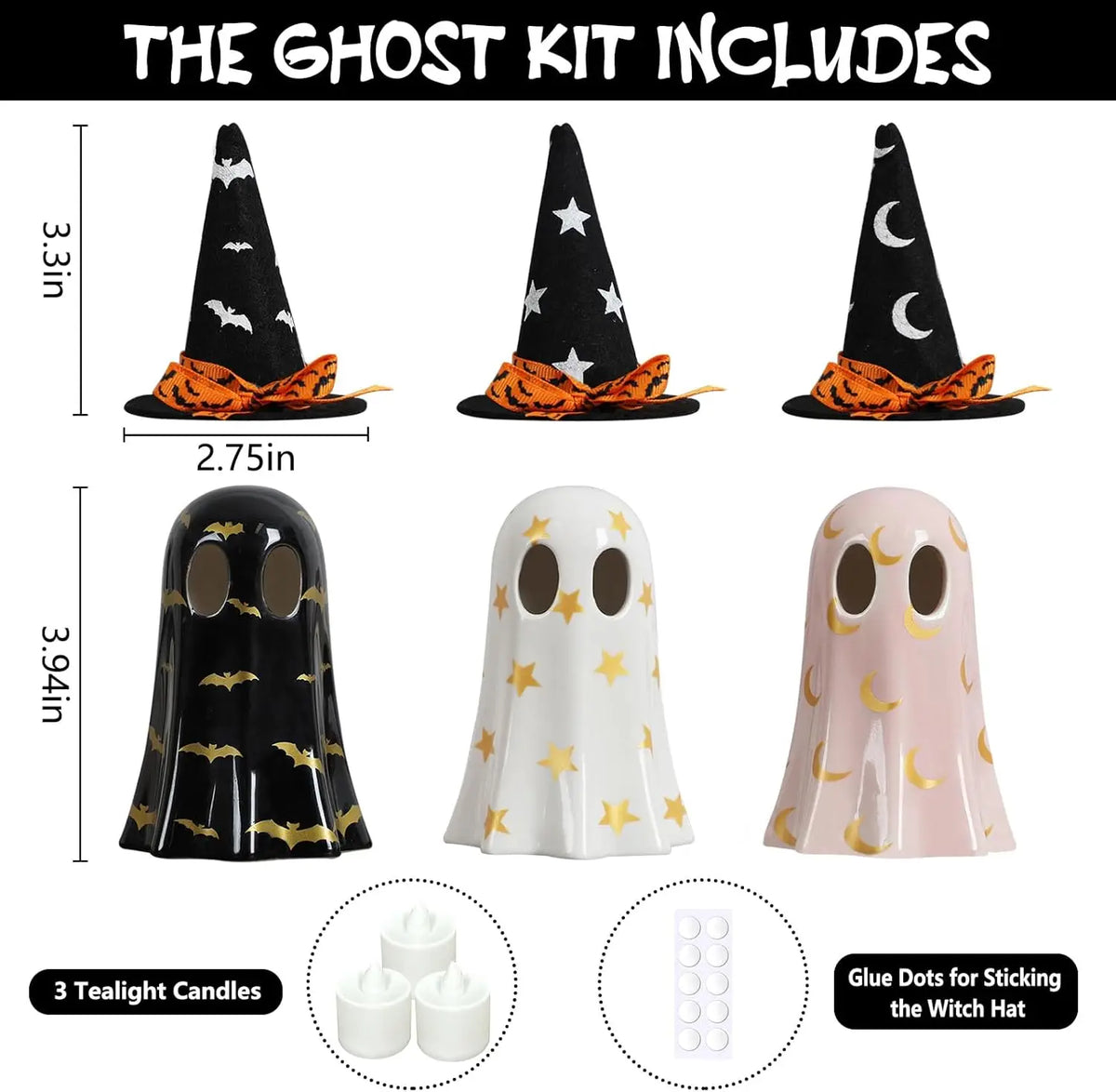 Ceramic Ghost Figurines With Witch Hats For Halloween Decor