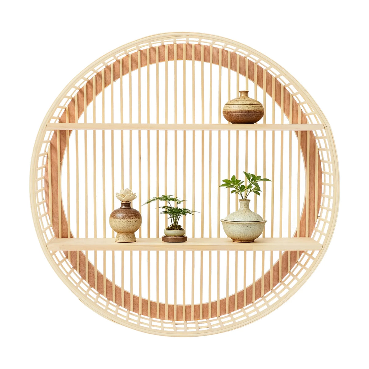 Round Two Tier Bamboo Wall Shelf For Home Display Storage