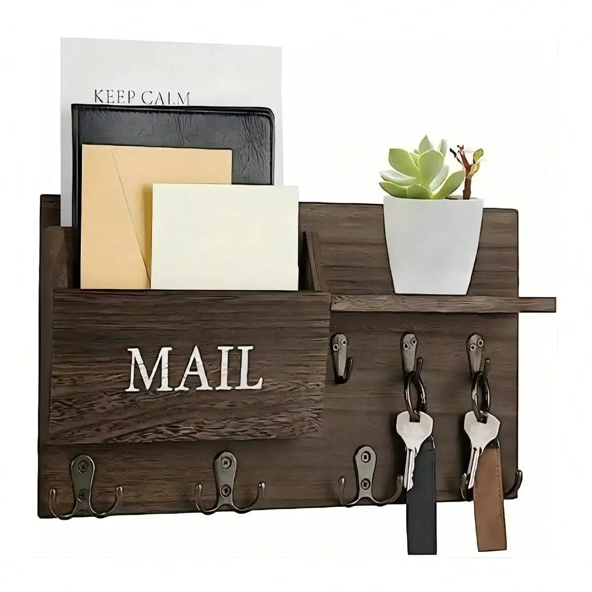 Wooden Wall Mount Key Holder With Storage Shelf And Hooks