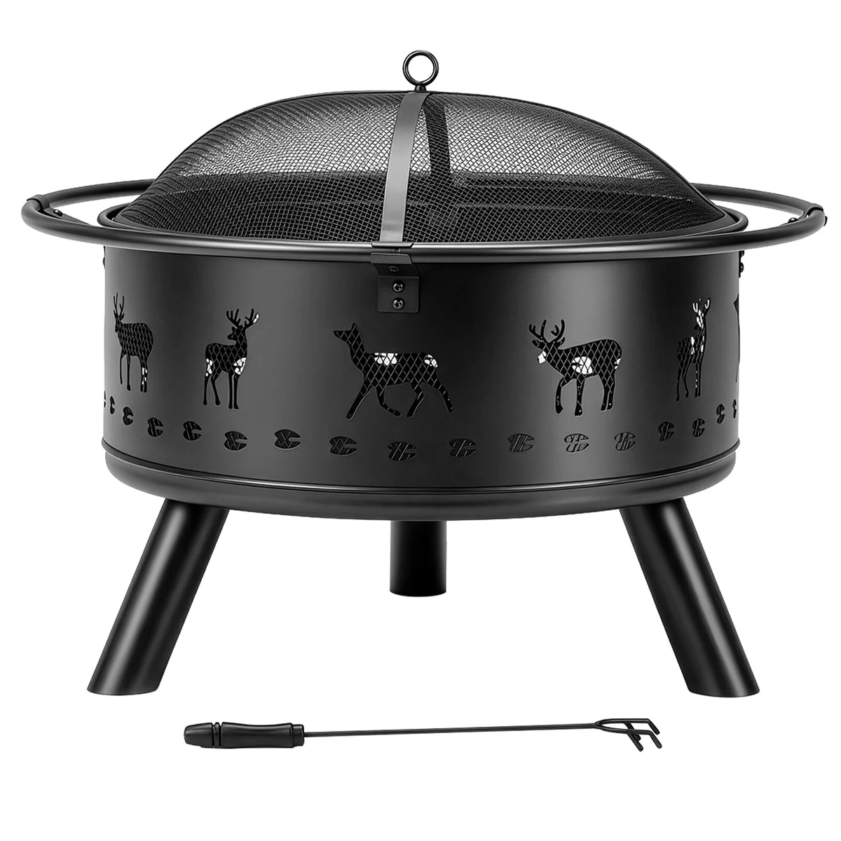 Outdoor Wood Burning Fire Pit With Hinged Spark Screen Lid