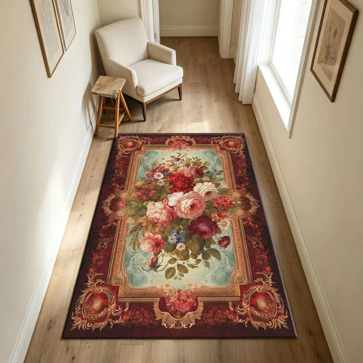 Vintage Victorian Floral Framed Decorative Area Rug