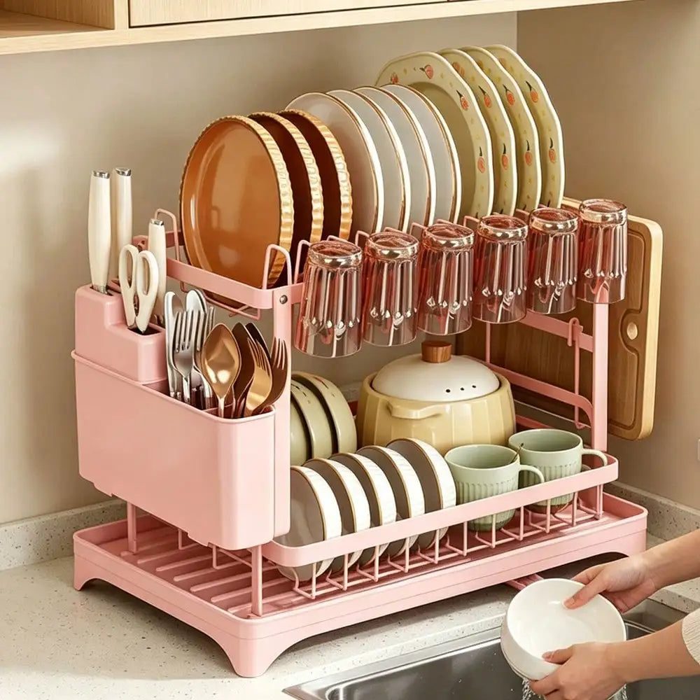 Stainless Steel Dish Drying Rack With Drainboard And Utensil Organizer