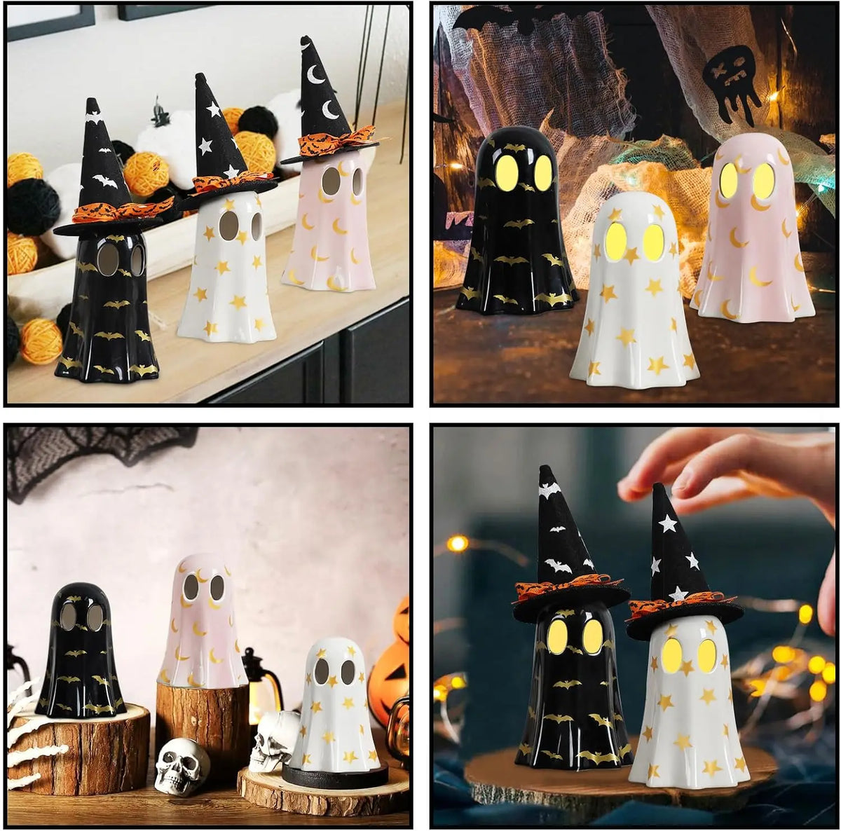 Ceramic Ghost Figurines With Witch Hats For Halloween Decor
